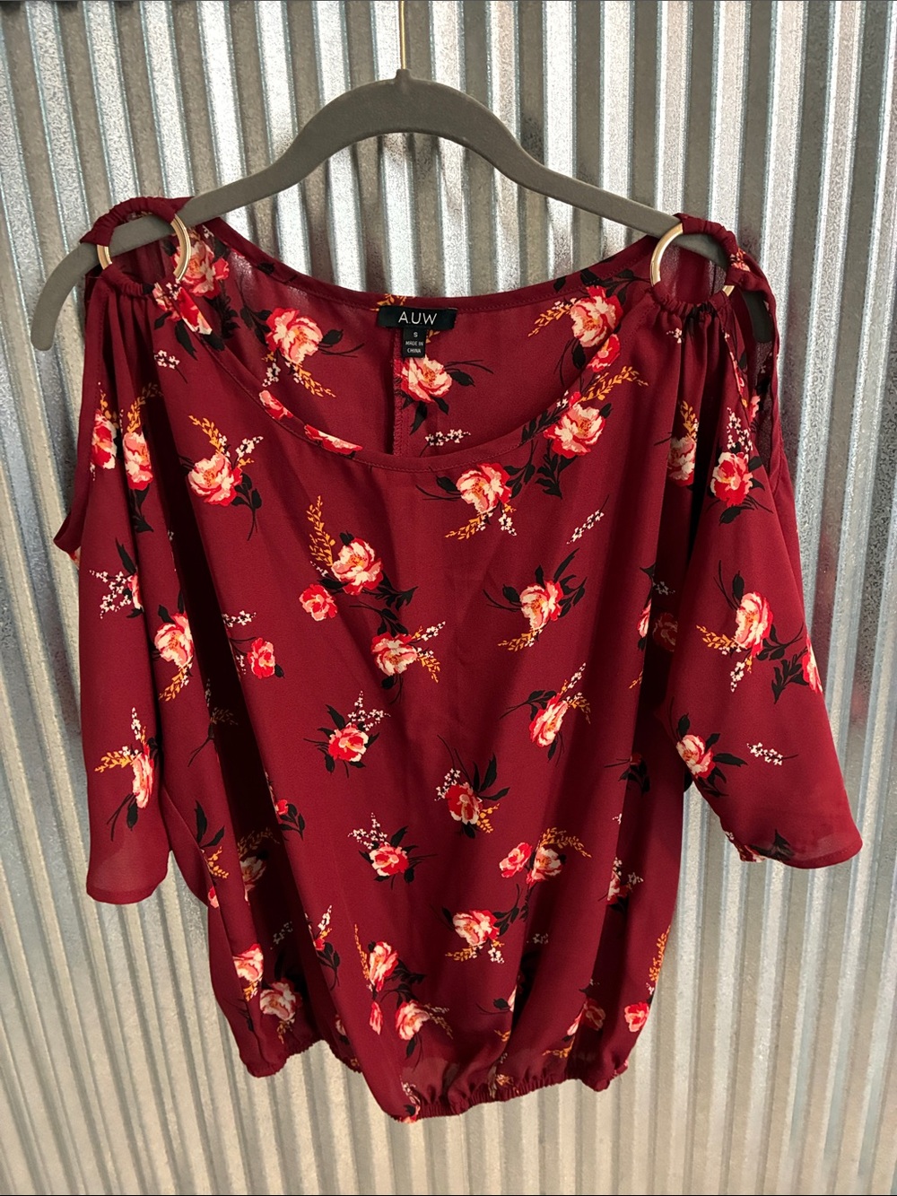 AUW Women's Burgundy Floral Cold-Shoulder Blouse